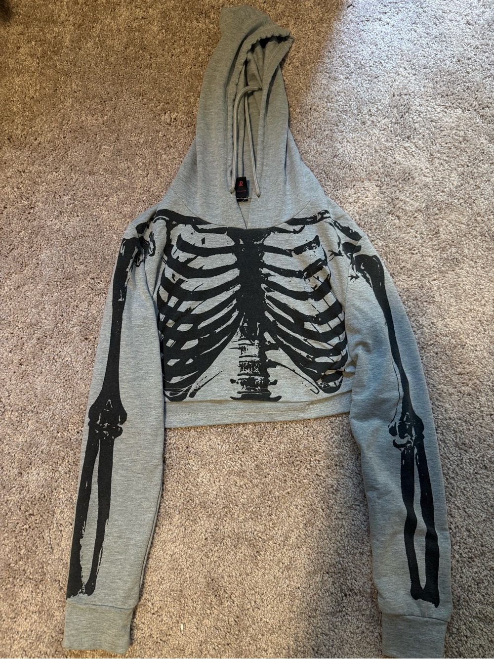 Gray Cropped Hoodie with Black Skeleton Print